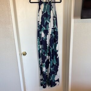 Navy and Green Leaf Print Halter Style Maxi Dress With Pockets